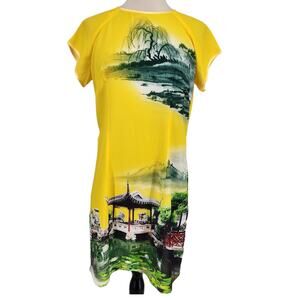 Ben Thanh TSC Scenic Silk Tunic Top Yellow Graphic Landscape Size Large